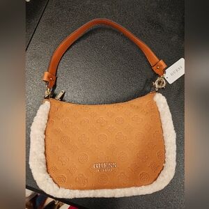 GUESS Tan Shoulder Bag with Shearling Accent